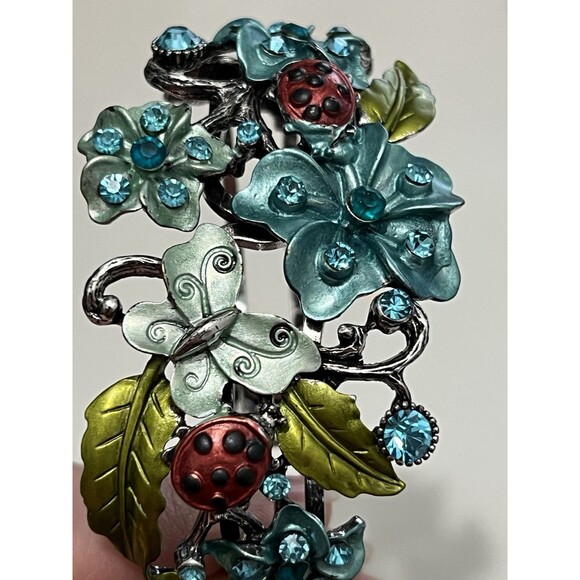 Bangle Bracelet Ladybug Butterfly Flower Clasp Metal Blue Green Artsy Statement - Picture 1 of 4